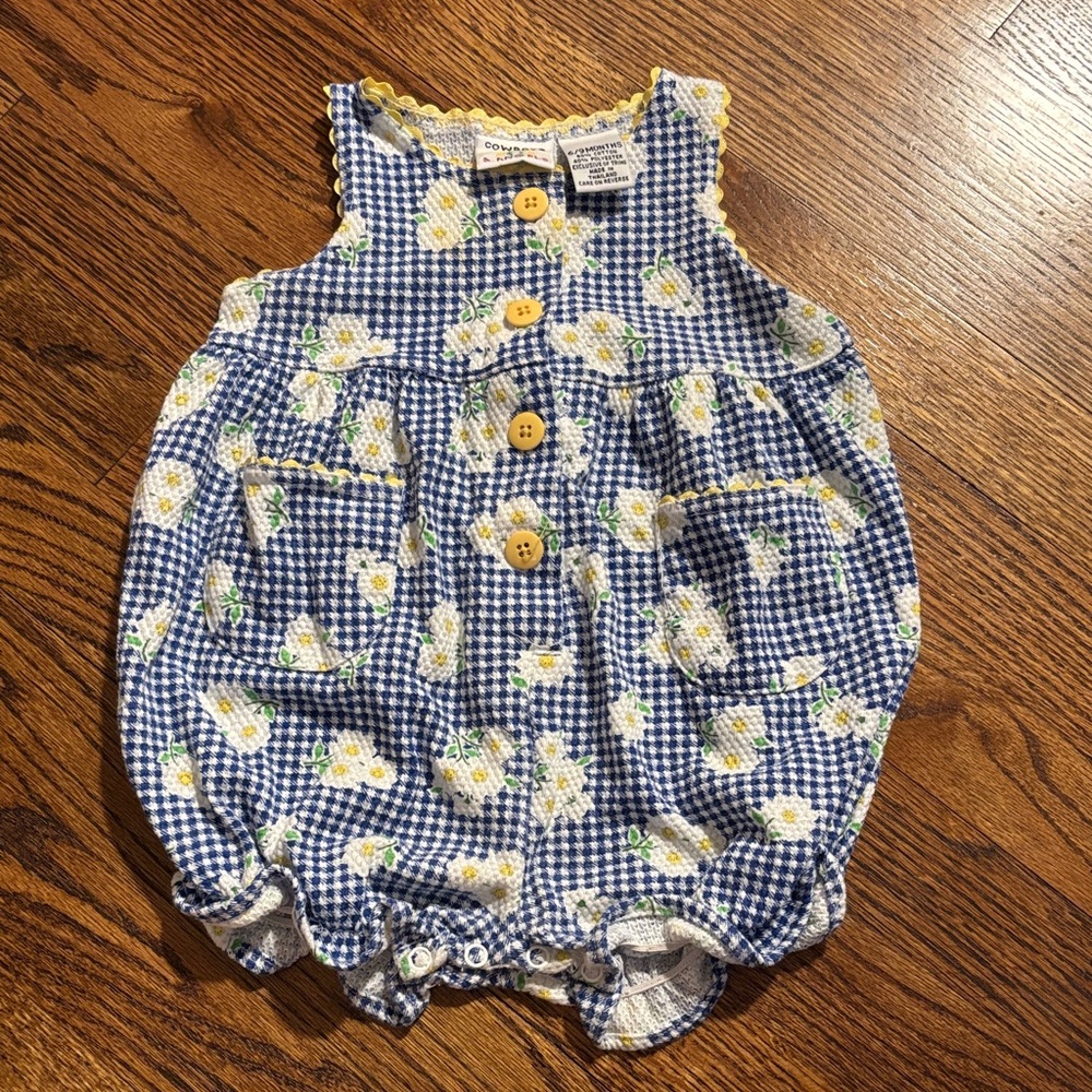Cowboys & Angels | Blue Check Floral Bubble Onesie Sz 6-9m